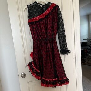 Flamenco Dancer Costume | Black and Red Lace Dress with Sequin Trim
